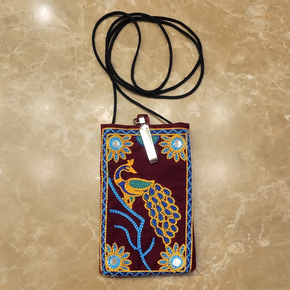 Colorful Embroidered Peacock Pouch with Strap